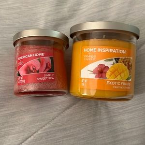 One 4oz sweet pea yankee candle and one 6oz exotic fruits yankee candle